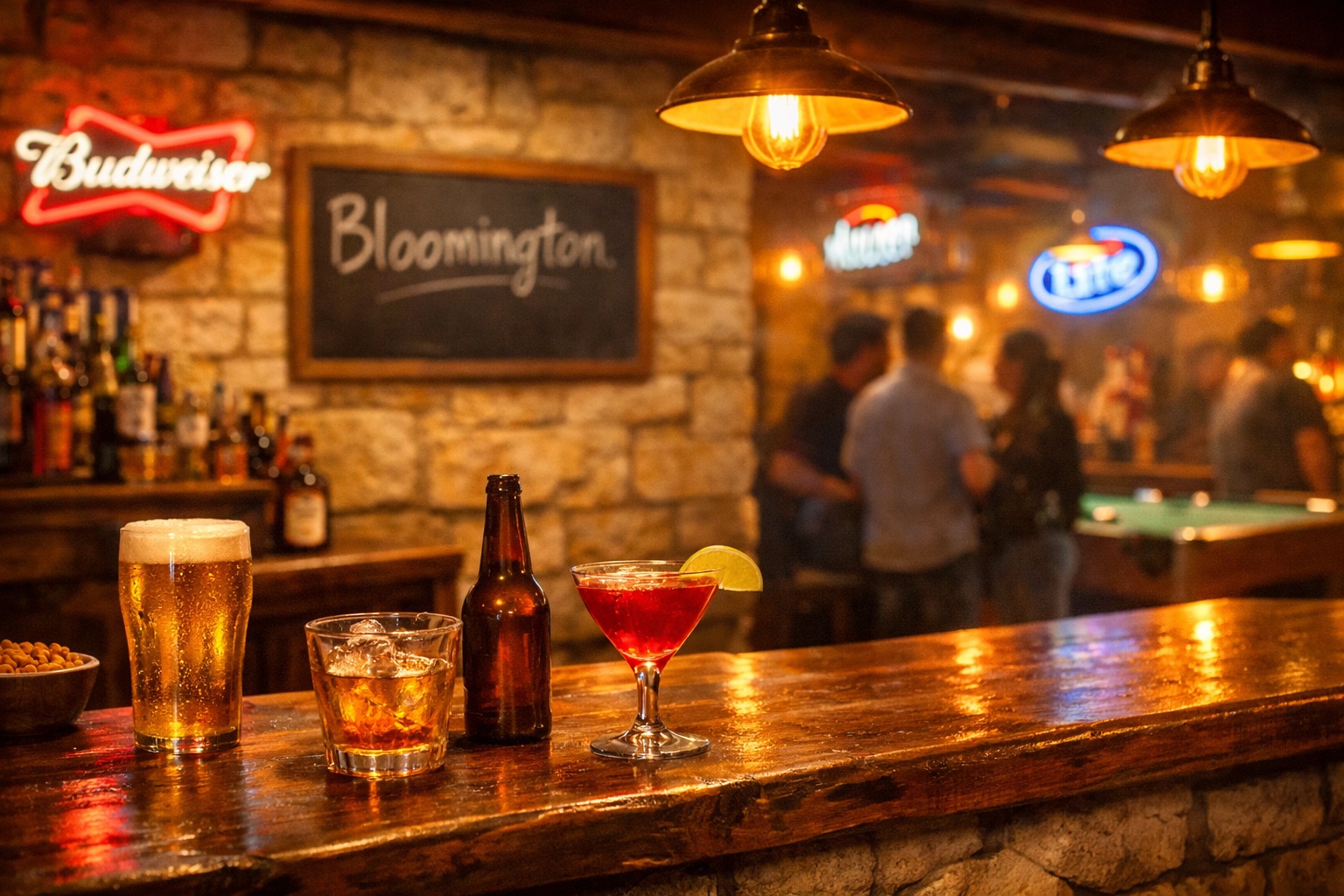 Warm bar scene with beer, whiskey, and cocktail on wooden counter, limestone wall with Bloomington chalkboard sign, vintage pendant lights, and neon beer signs creating cozy local dive bar atmosphere