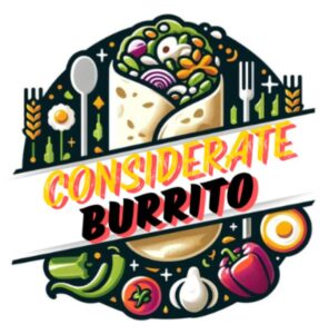 Considerate Burrito Logo featuring a fresh burrito with vegetables and farm ingredients, by Considerate Meals, Unionville, Indiana