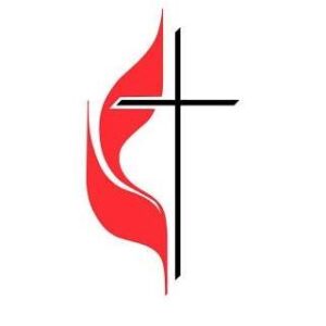 First United Methodist Church logo featuring a black cross with a flowing red flame, symbolizing faith and the Holy Spirit.