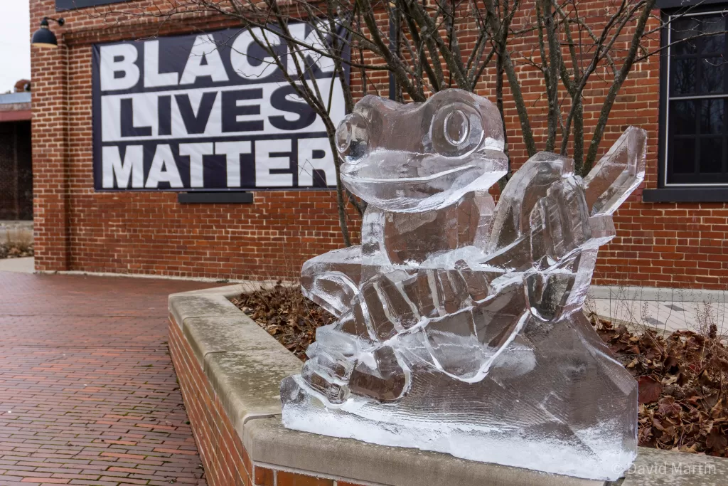Freezefest 2023 - Cool Frog with Black Lives Matter Mural in the background at The Dimension Mill