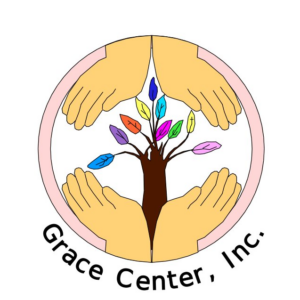 Grace Center, Inc. logo featuring a tree with multicolored leaves surrounded by four hands forming a protective circle, symbolizing support and community care.