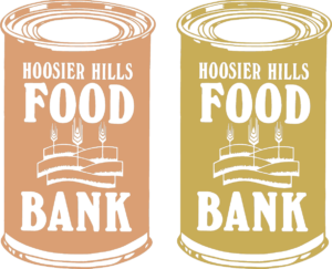 Illustrated logo of Hoosier Hills Food Bank featuring two stylized canned food images, one in orange and the other in yellow, with the organization's name and a graphic of wheat stalks over rolling fields.