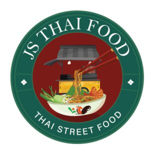 JS Thai Food circular logo featuring a bowl of noodle soup with chopsticks in front of a traditional Thai street food cart.