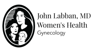 Logo of John Labban, MD Women's Health, featuring a black oval illustration of three female figures, including a child, representing women's healthcare and gynecology.