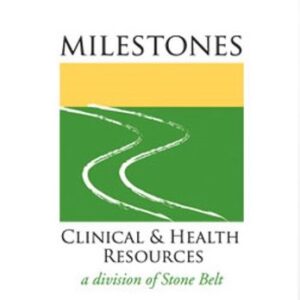 Logo of Milestones Clinical & Health Resources, a division of Stone Belt, featuring a stylized green and yellow landscape with a winding path leading forward.