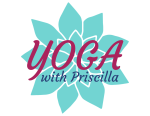 Logo for “Yoga with Priscilla,” featuring teal lotus petals behind elegant burgundy and navy text