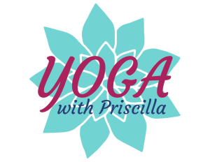 Logo for “Yoga with Priscilla,” featuring teal lotus petals behind elegant burgundy and navy text