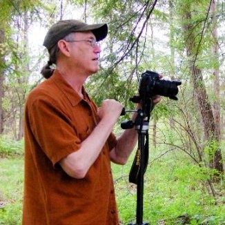 Man with camera on tripod photographing outdoors in wooded area