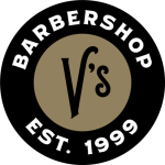 Round logo for V’s Barbershop featuring a bold "V’s" in a tan circle with the words "Barbershop Est. 1999" in white on a black background