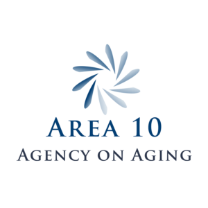 Logo of Area 10 Agency on Aging, featuring a blue circular swirl design above the organization's name in serif font.