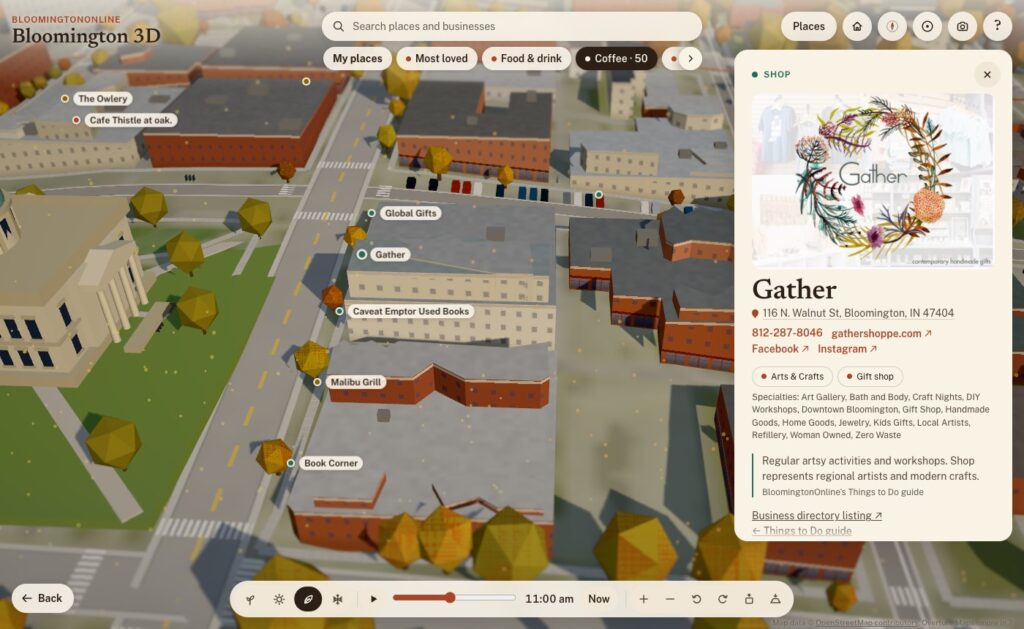 The Coffee layer on the map with the card for Gather open, showing its photo, address, phone, website, social links and categories