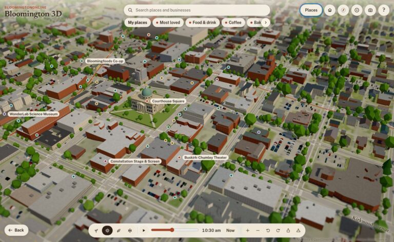 Downtown Bloomington in the Bloomington 3D model on a summer morning