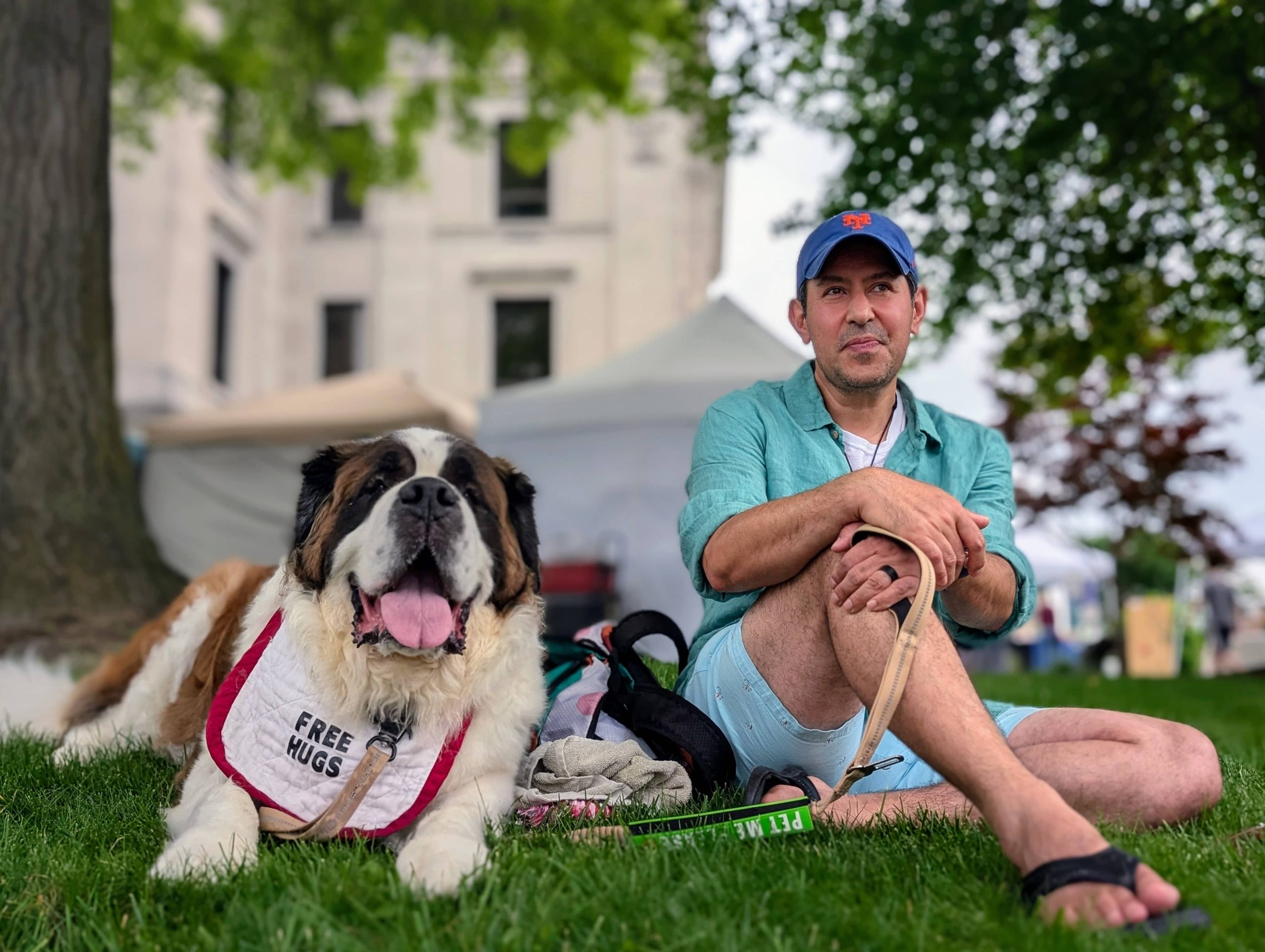 Man sitting on courthouse lawn with a large St. Bernard wearing a "Free Hugs" vest during Bloomington's Handmade Market