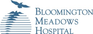 Bloomington Meadows Hospital logo featuring a stylized blue circular landscape with mountains, horizontal lines, and two birds flying above, accompanied by the hospital's name in serif font.