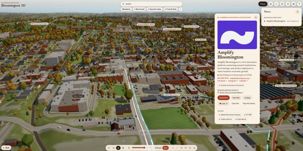 Amplify Bloomington highlighted on the 3D map of Bloomington, Indiana