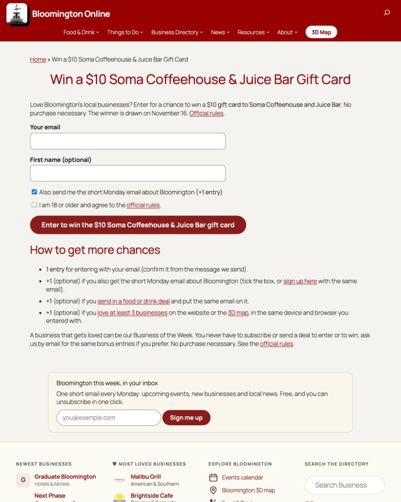 Giveaway page for the $10 Soma Coffeehouse and Juice Bar gift card