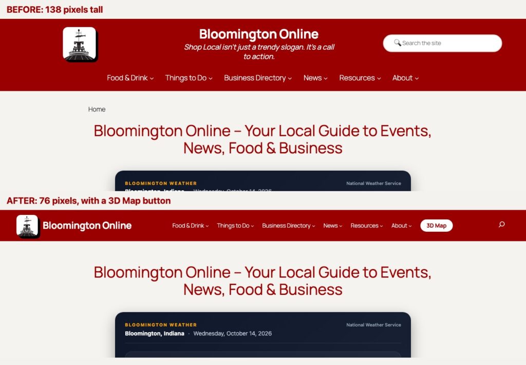 Before and after screenshots of the Bloomington Online header, the new one is a single slim row with a 3D Map button