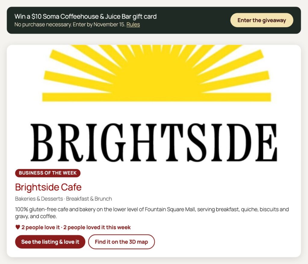 Homepage card for Brightside Cafe with the giveaway banner above it