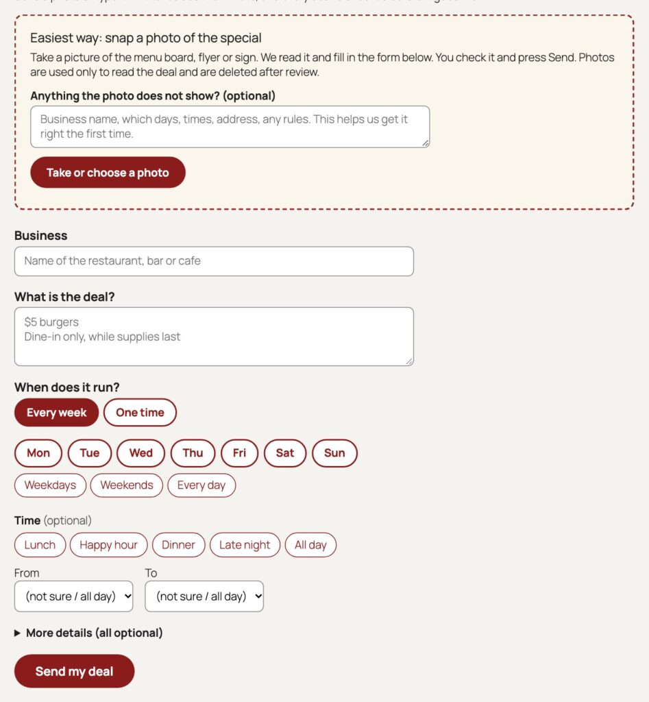 Empty Submit a Deal form with a photo upload box