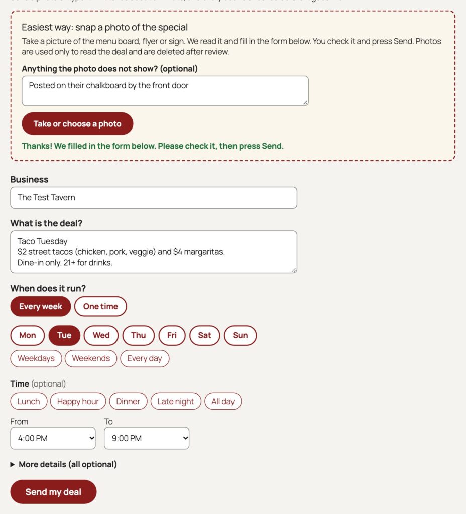 Submit a Deal form after a photo was read, with business, deal, days and times filled in