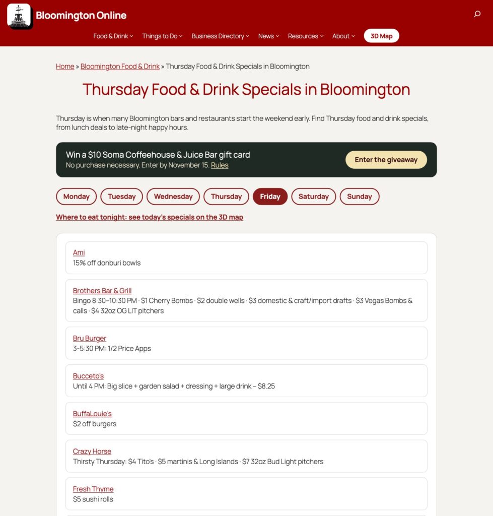 Thursday food and drink specials page with a list of deals and a day navigator