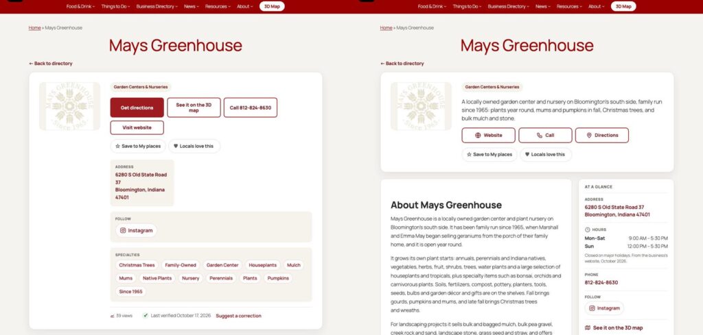 Side by side screenshots of the Mays Greenhouse listing page in the old and the new layout
