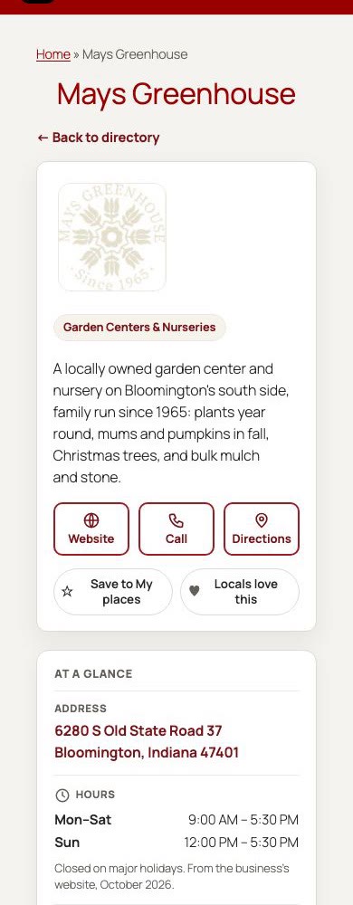 Phone screenshot of the Mays Greenhouse listing page with Website, Call and Directions buttons