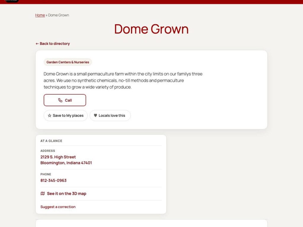 Screenshot of the Dome Grown listing, a business with only a phone number and address