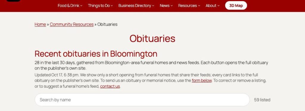 Top of the Bloomington Online obituaries page with an explanation of sources and a name search box