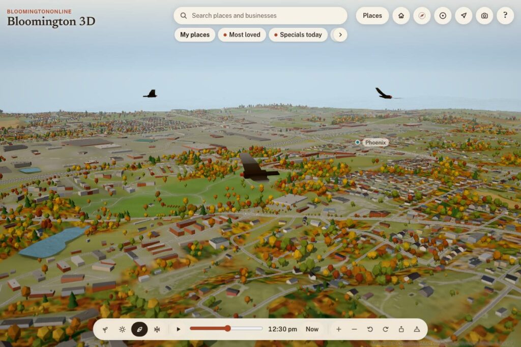 Two turkey vultures flying over the Bloomington 3D map