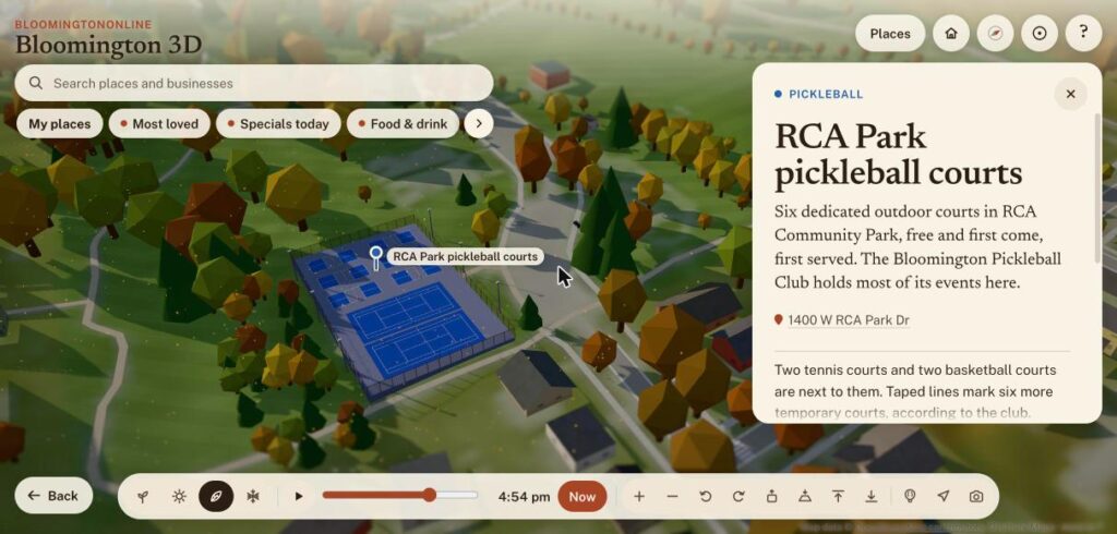 Pickleball and tennis courts at RCA Park drawn on the Bloomington 3D map, with fences and painted lines