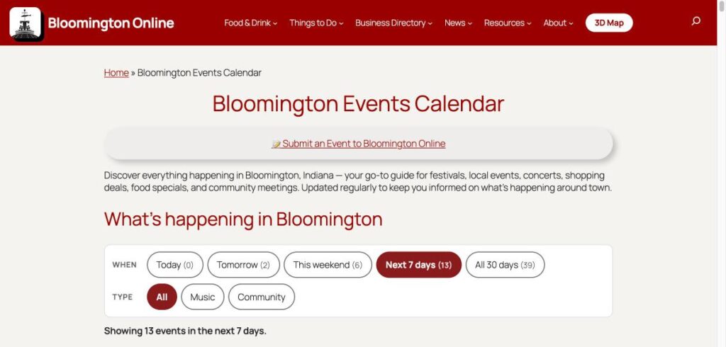 Bloomington Online events calendar with filter buttons for Today, Tomorrow, This weekend, Next 7 days, Music and Community