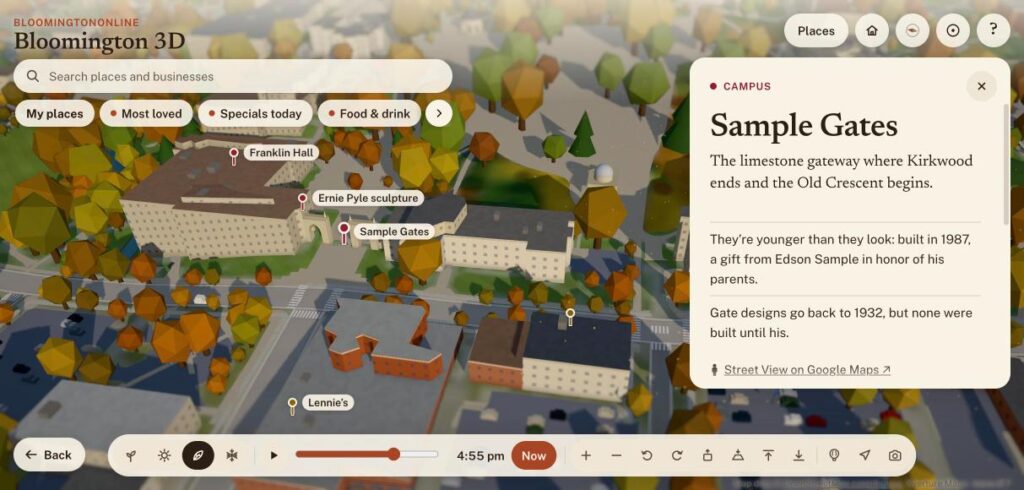Sample Gates and nearby Indiana University buildings on the Bloomington 3D map with campus stop labels