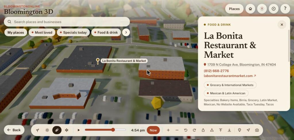 Card for La Bonita Restaurant and Market on the international markets tour of the Bloomington 3D map