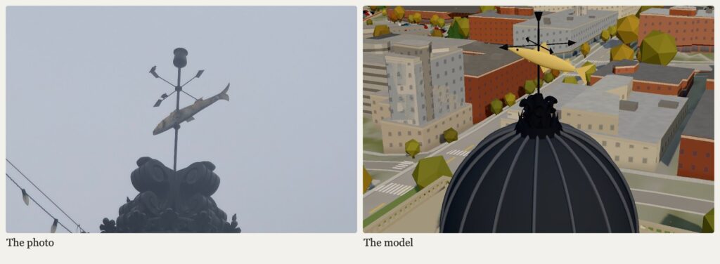A photograph of the fish weathervane on the courthouse dome beside the 3D model of the same vane