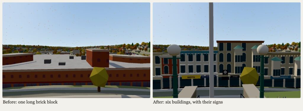 Two views looking south from the courthouse steps: a single brick block before, and six distinct storefronts with signs after