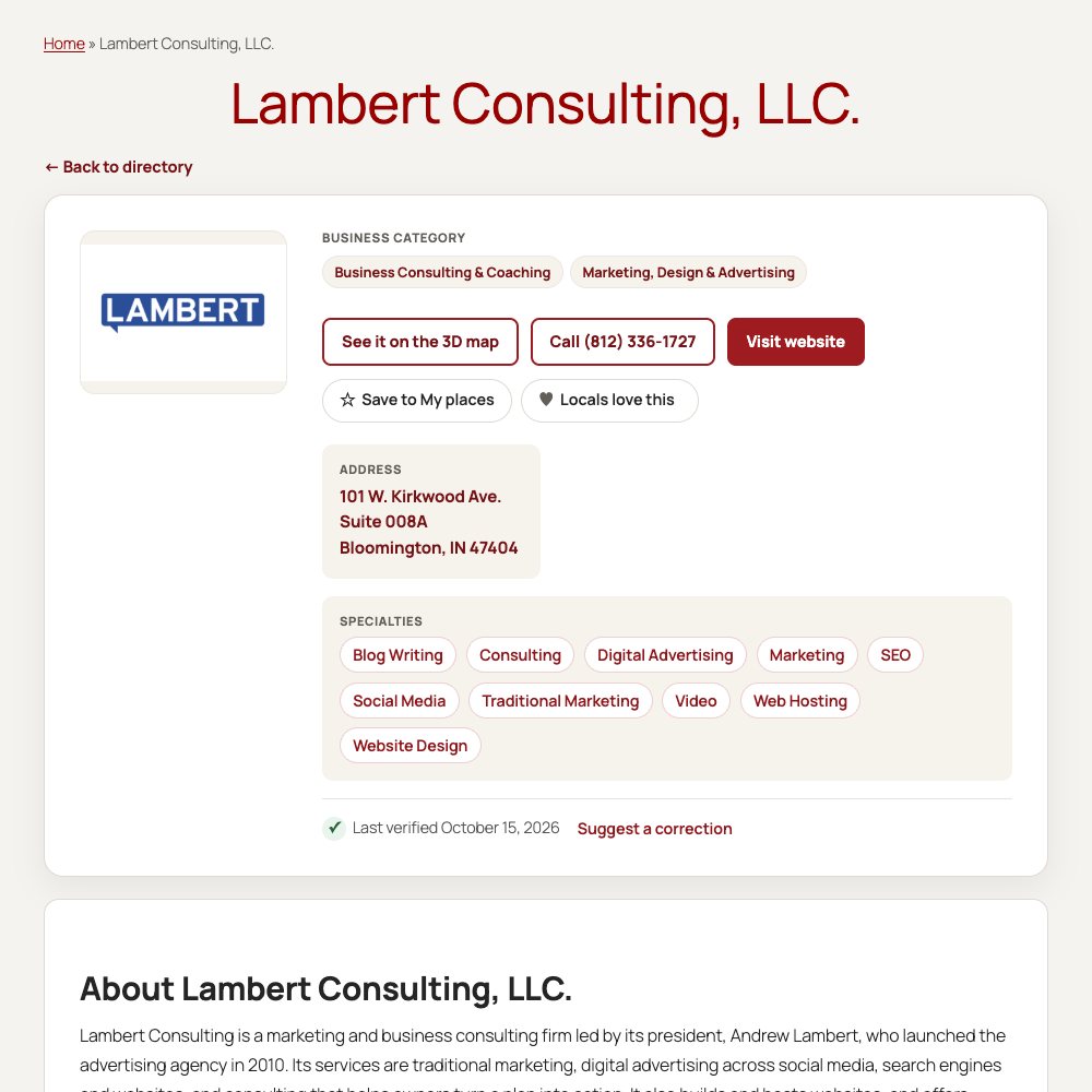 Lambert Consulting's directory listing with its logo, categories, phone number and specialty tags