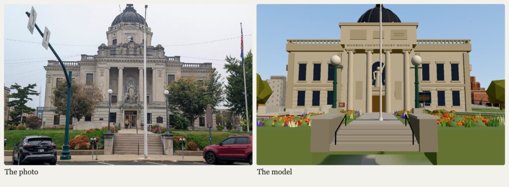 A photograph of the Monroe County Courthouse from the south beside the same view in the 3D model