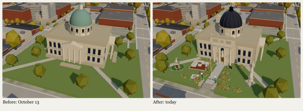 Two views of the courthouse in Bloomington 3D: the earlier model with a green dome, and the new model with a dark ribbed dome, flower beds, steps, plaza and monument