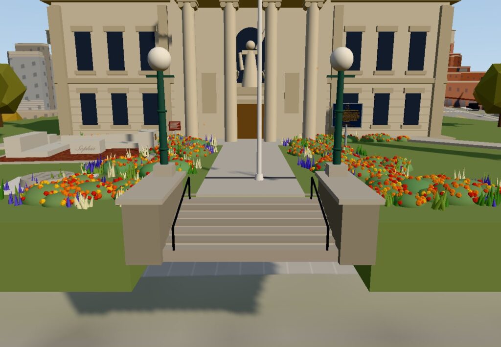 The flight of stone steps in the 3D map with cheek walls, green lamp posts, black rails and flower beds either side