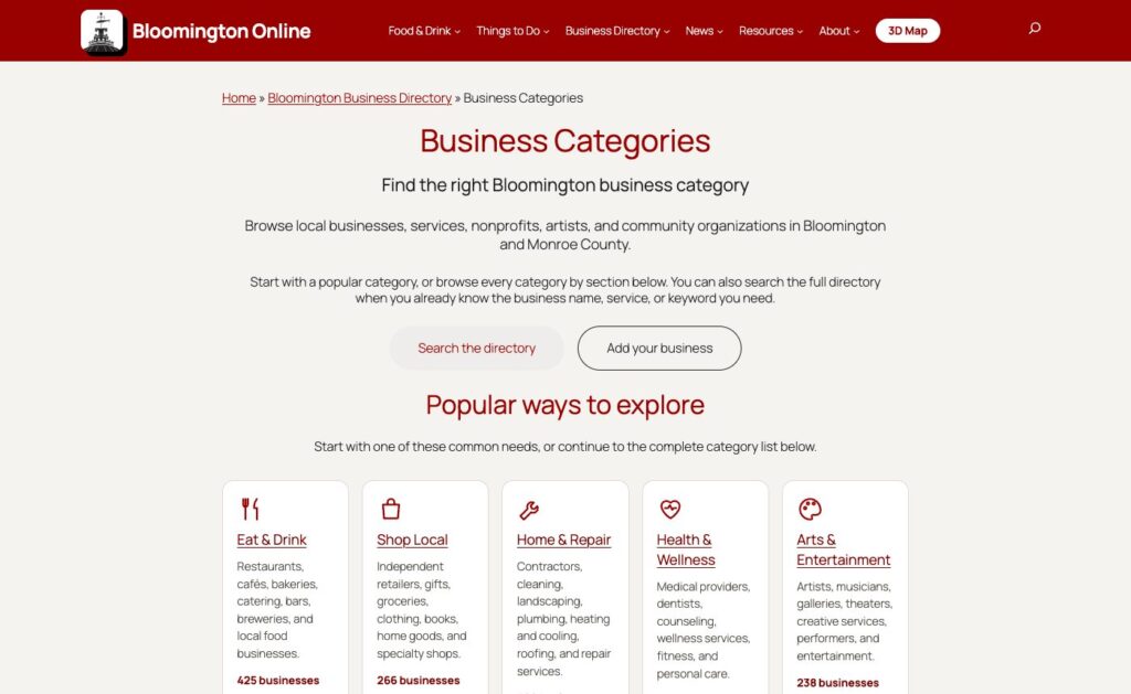 The Business Categories page with popular ways to explore: Eat & Drink, Shop Local, Home & Repair, Health & Wellness, Arts & Entertainment