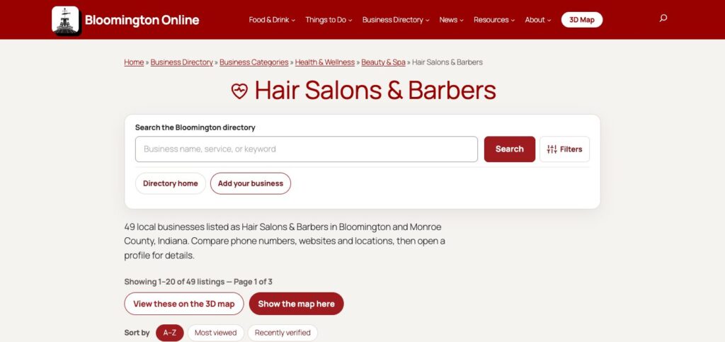 The Hair Salons & Barbers category page with a search box, a map button and sort options