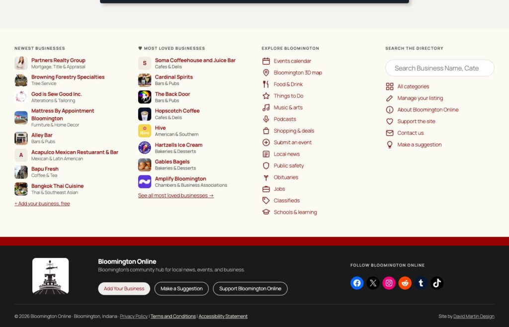 The footer of Bloomington Online with Newest Businesses, Most Loved Businesses, Explore Bloomington links and a directory search box