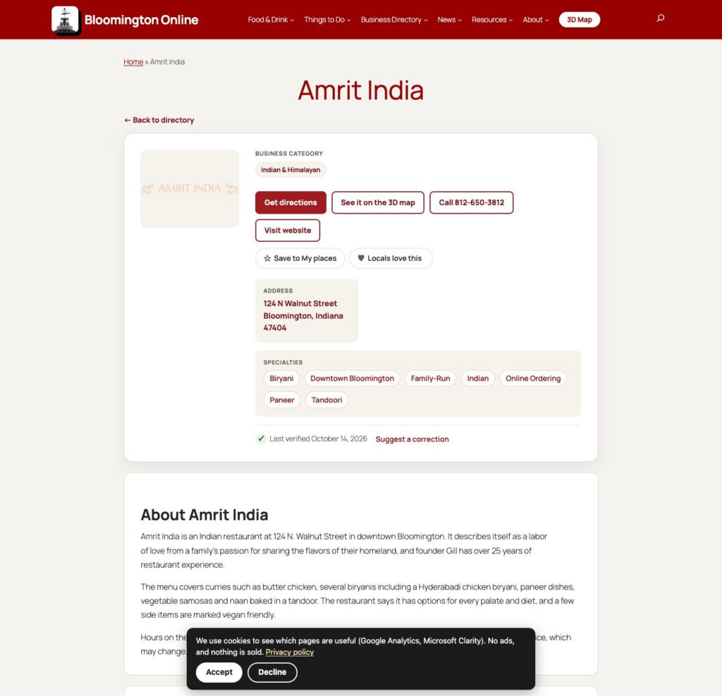Amrit India's listing page showing its category, action buttons, address and specialty tags