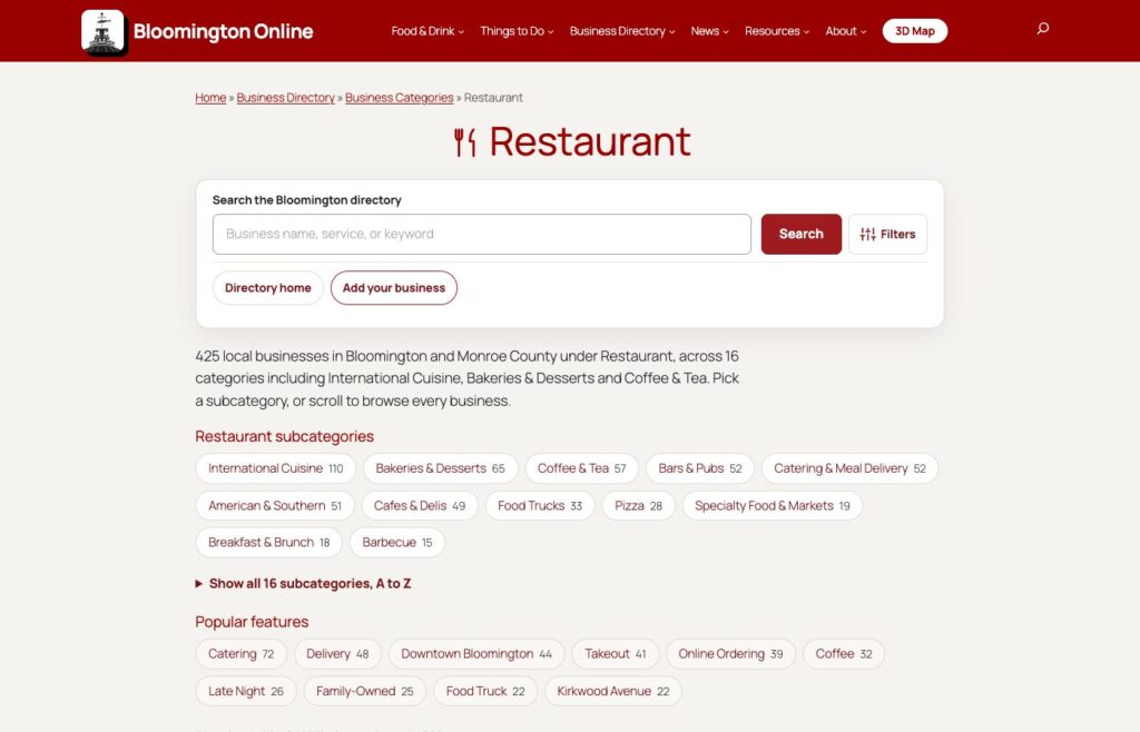Restaurant categories on Bloomington Online: International Cuisine, Bakeries & Desserts, Coffee & Tea, Bars & Pubs and more, with business counts