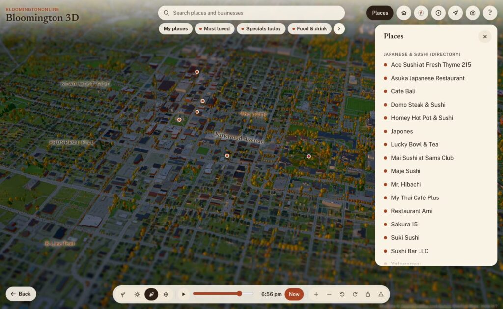 Bloomington 3D with the Japanese & sushi chip selected, pins on the map and a list of sushi restaurants