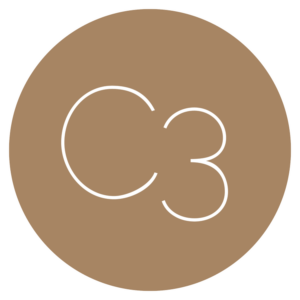 A taupe circle with thin white outlines forming the letters 'C' and '3'.