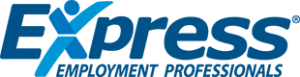 Logo for Express Employment Professionals featuring bold blue text with a human figure forming the letter "X"