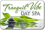 Tranquil Vibe Day Spa logo, stacked stones with green bamboo leaves and water droplets