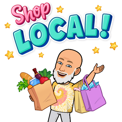 Bitmoji of a smiling man with a white beard holding shopping bags beneath the text “Shop Local,” promoting community-based shopping